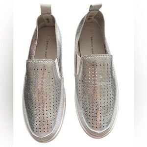 Bernie Mev Silver Slip-On Sneakers – Perforated Metallic Comfort Shoes, Sz 41/10